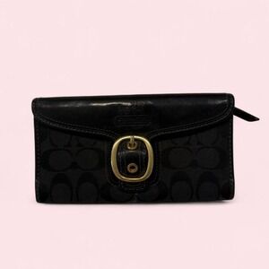 Y2K Coach Black Signature Canvas Continental Wallet Gold Buckle Hardware